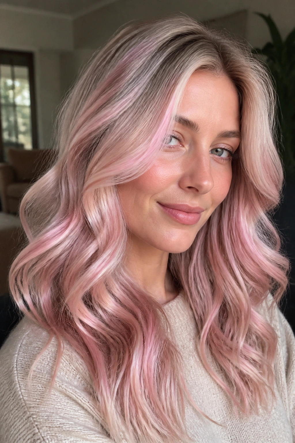 Close-up of a real woman with pink quartz balayage hair showing translucent pink ribbons mixed with beige and silver-blonde tones.