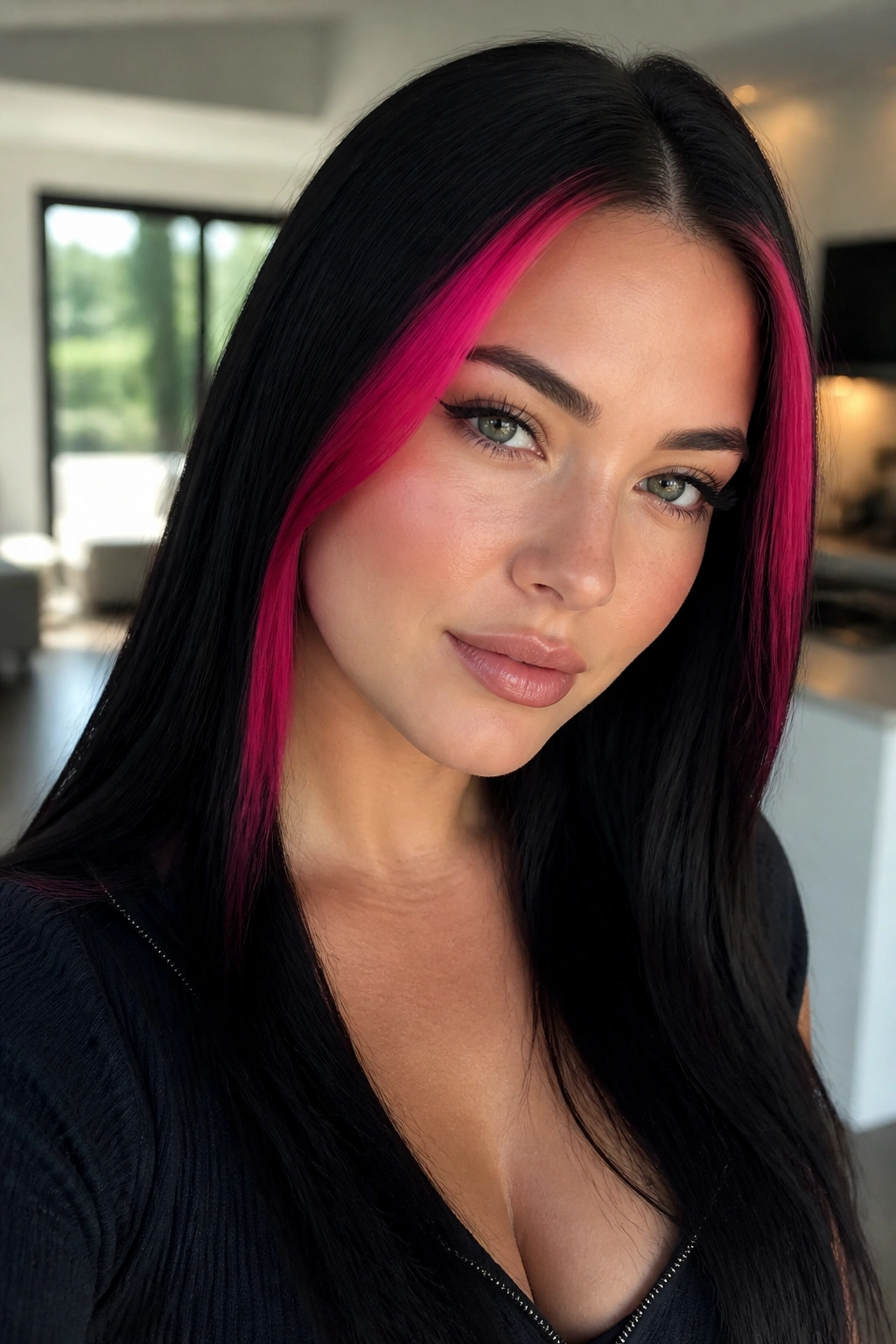 Hot pink temple accents on long straight hair on a real person