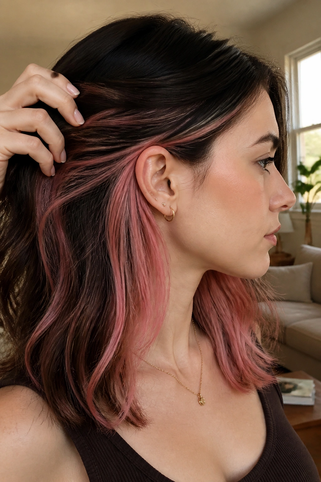 Portrait of a real person showing pink underlayer peeking from top hair layer