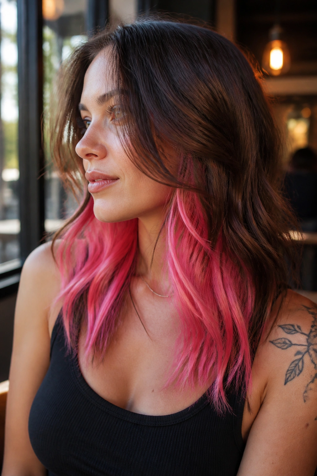 Portrait of brunette with bubblegum pink underlights beneath dark hair
