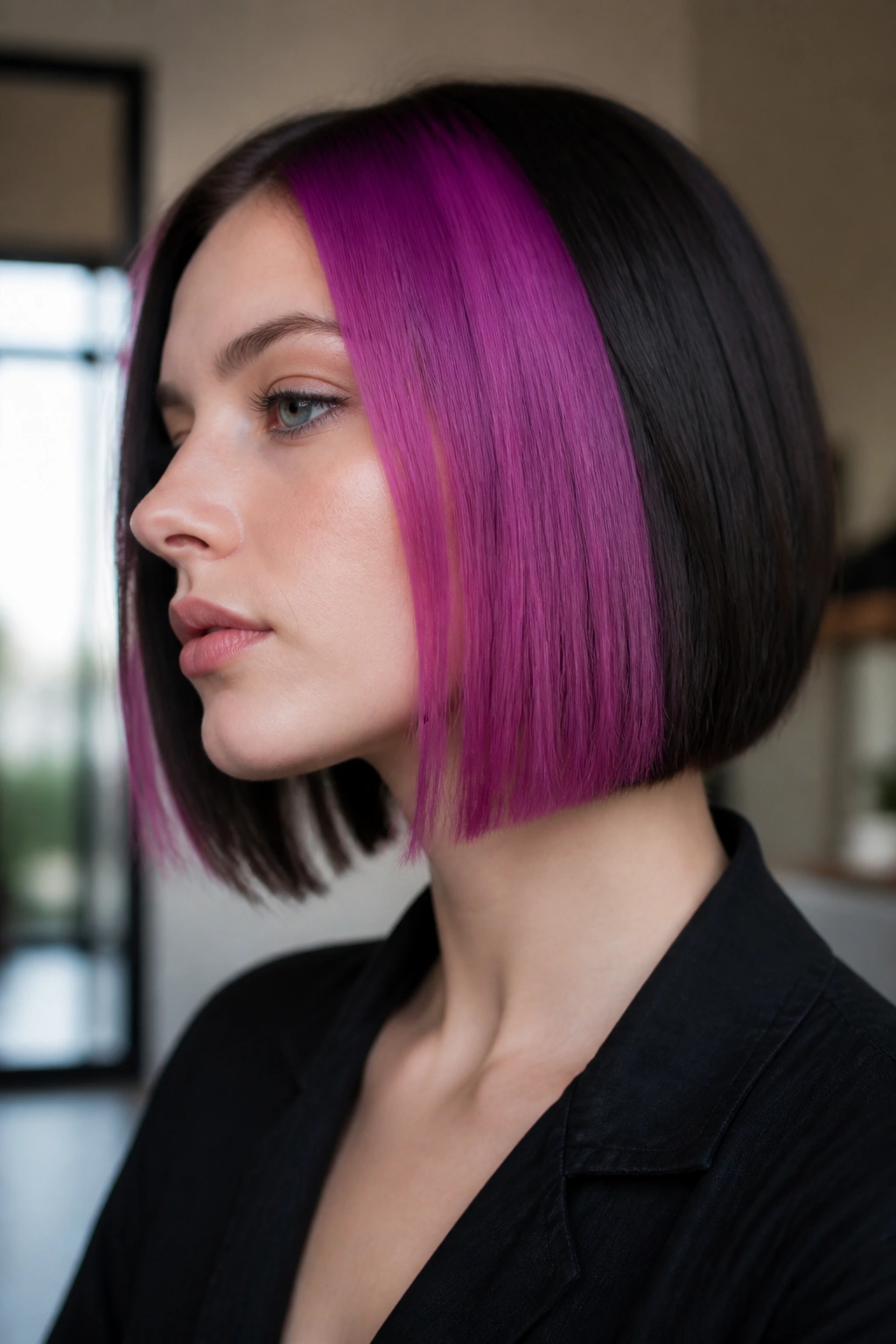 Close-up of real person with pink-violet block color on crown of blunt bob