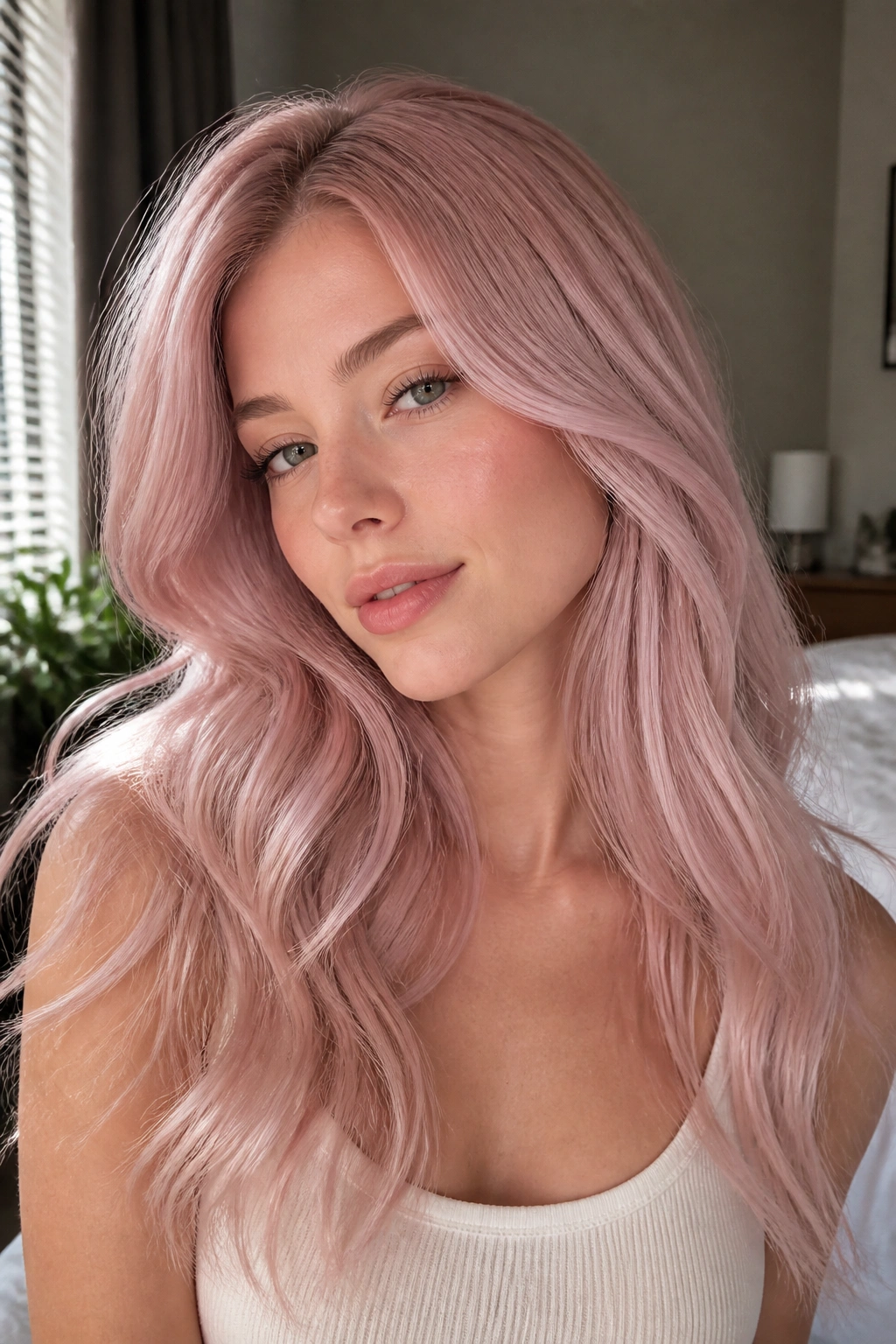 Close-up of a real person with pink champagne hair in natural light