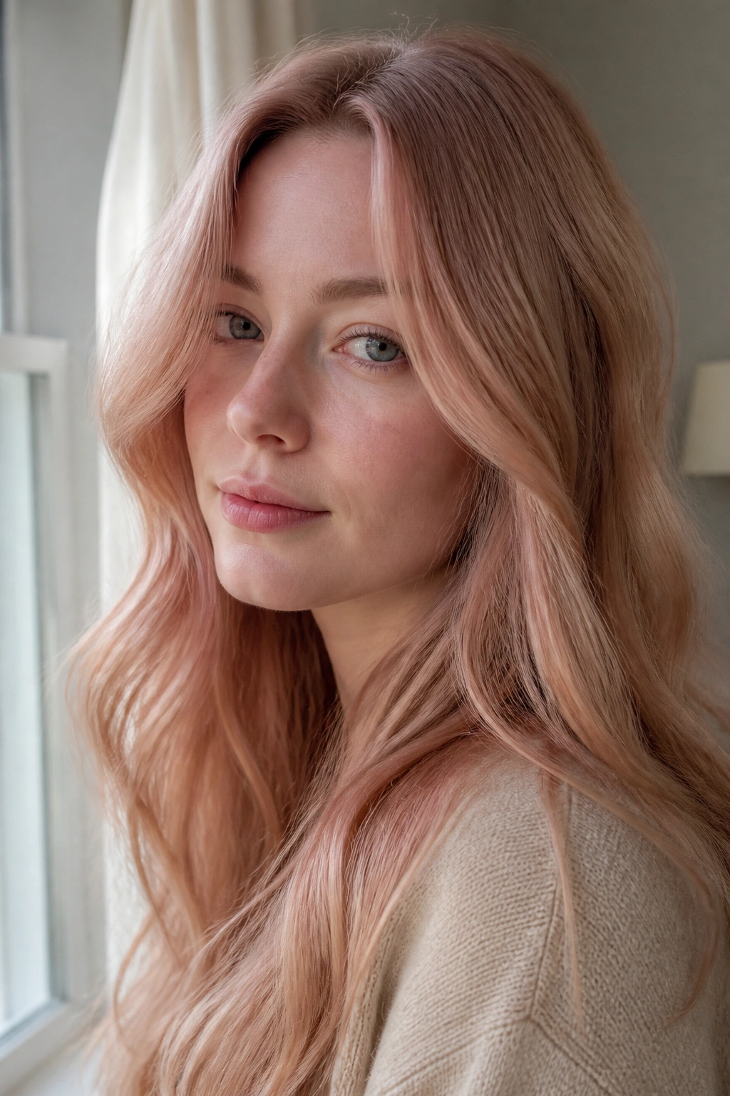 Close-up of real woman with pinky beige strawberry blonde