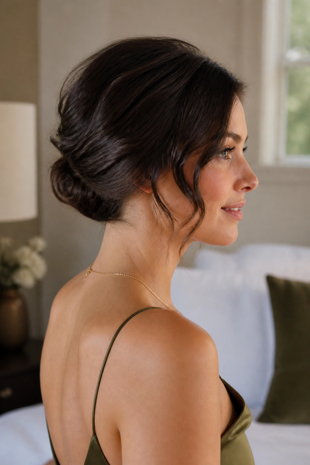 Close-up of a woman with a pinned-back faux bob revealing a clean nape