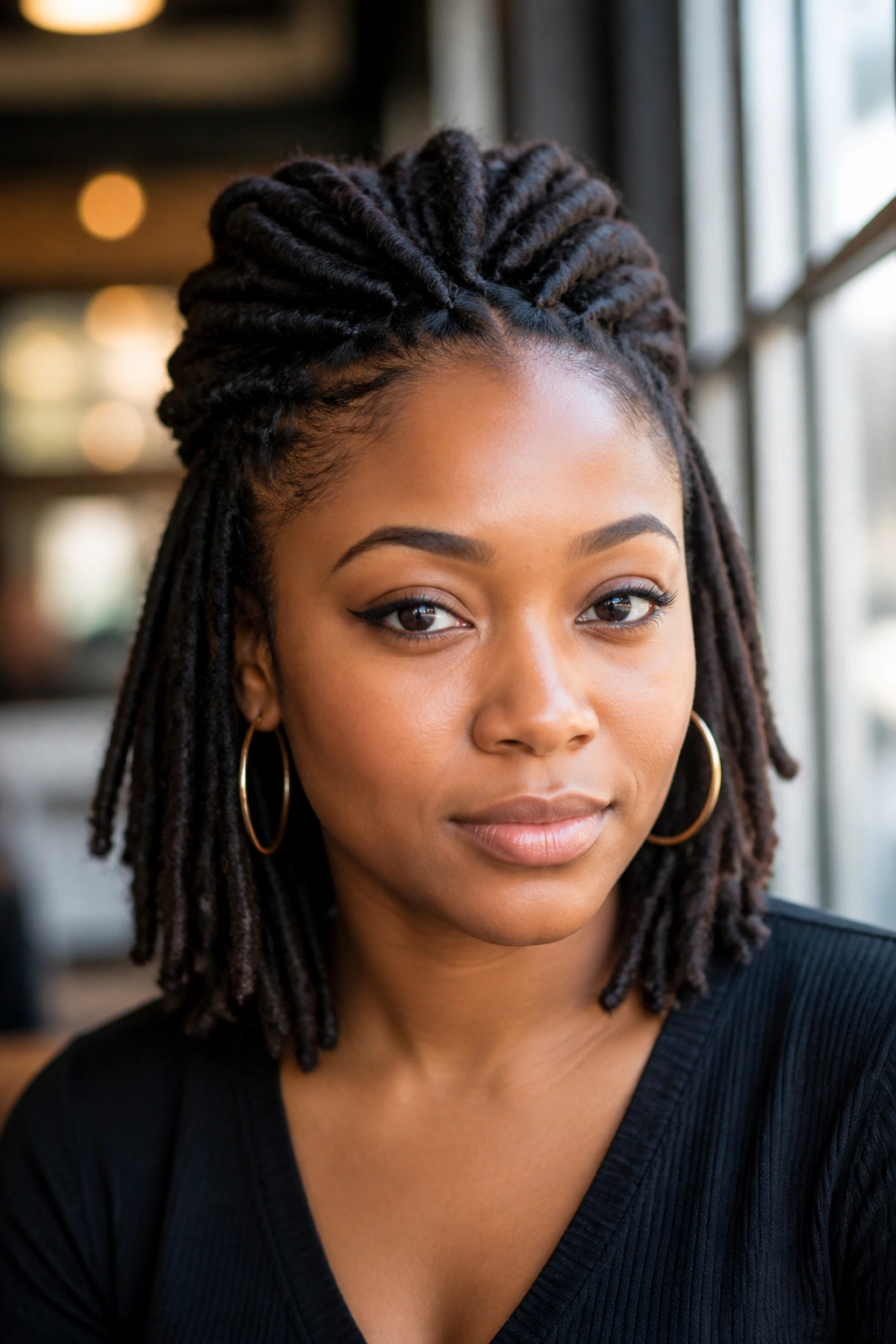 Close-up portrait of a person with pinned-back crown locs and open sides