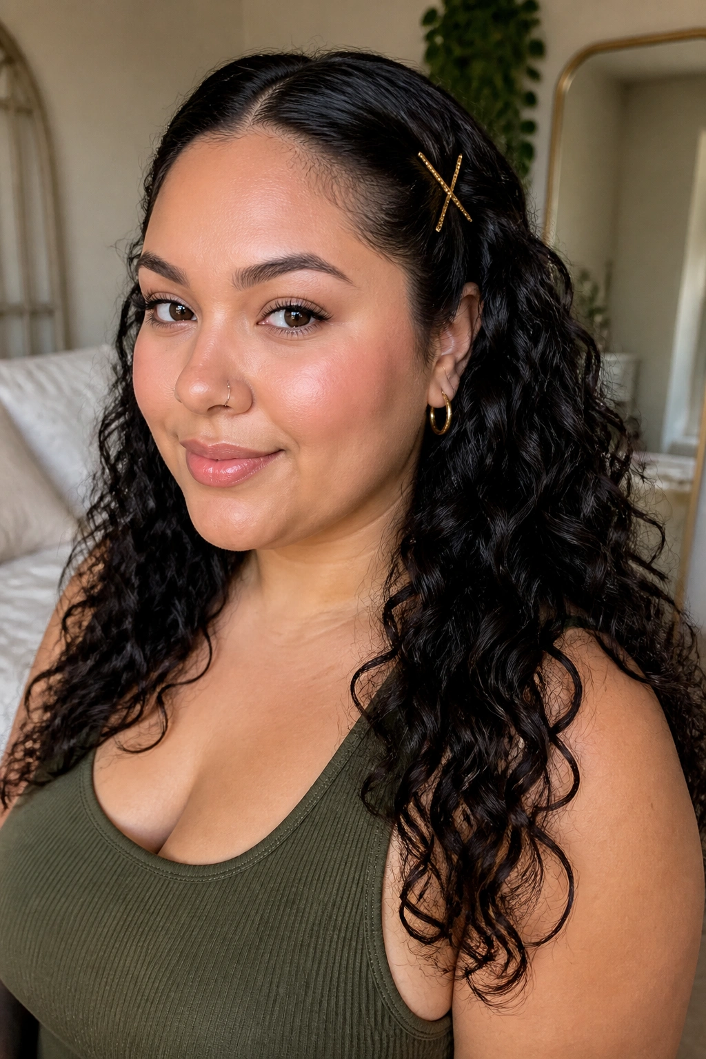 Portrait of a woman with temples pinned back and long cascading curls