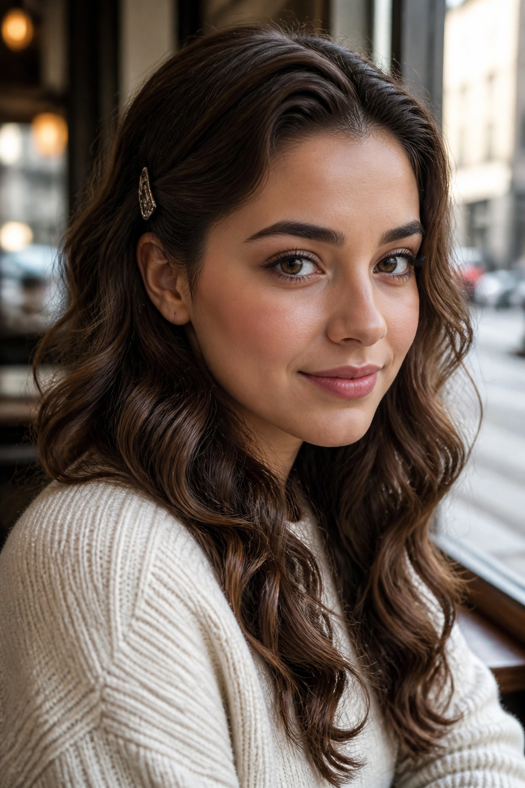 Portrait of a real woman with pinned-back wave hairstyle and a small hair pin above the ear.