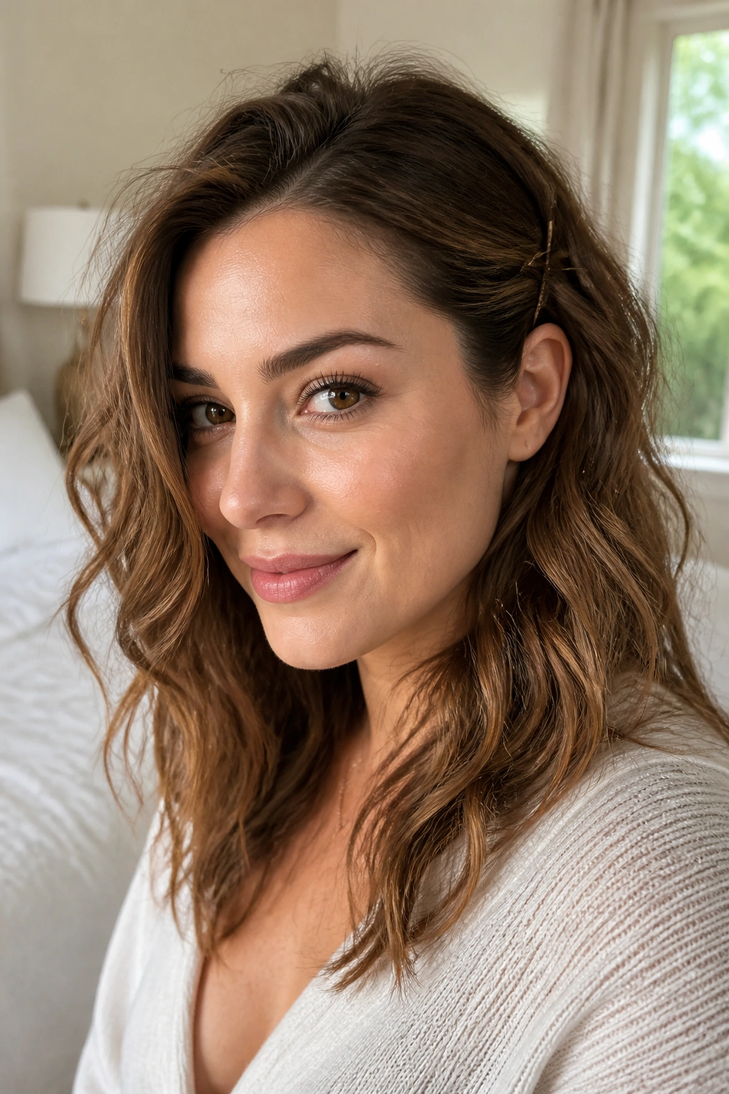 Close-up portrait of a woman with loose pinned-back waves, natural window light in a cozy bedroom.