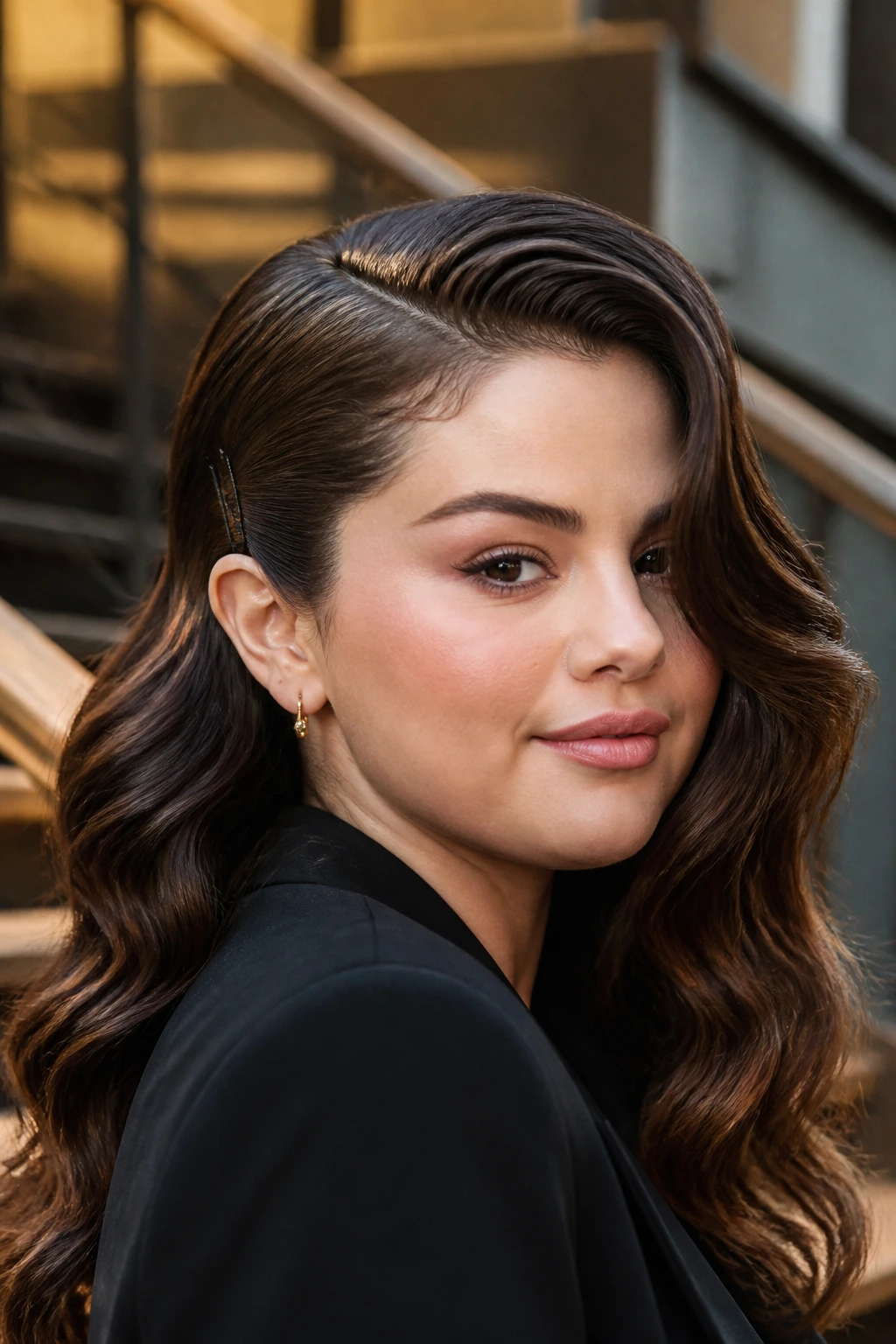 Close-up of a real woman with pinned-back waves and a dramatic side part