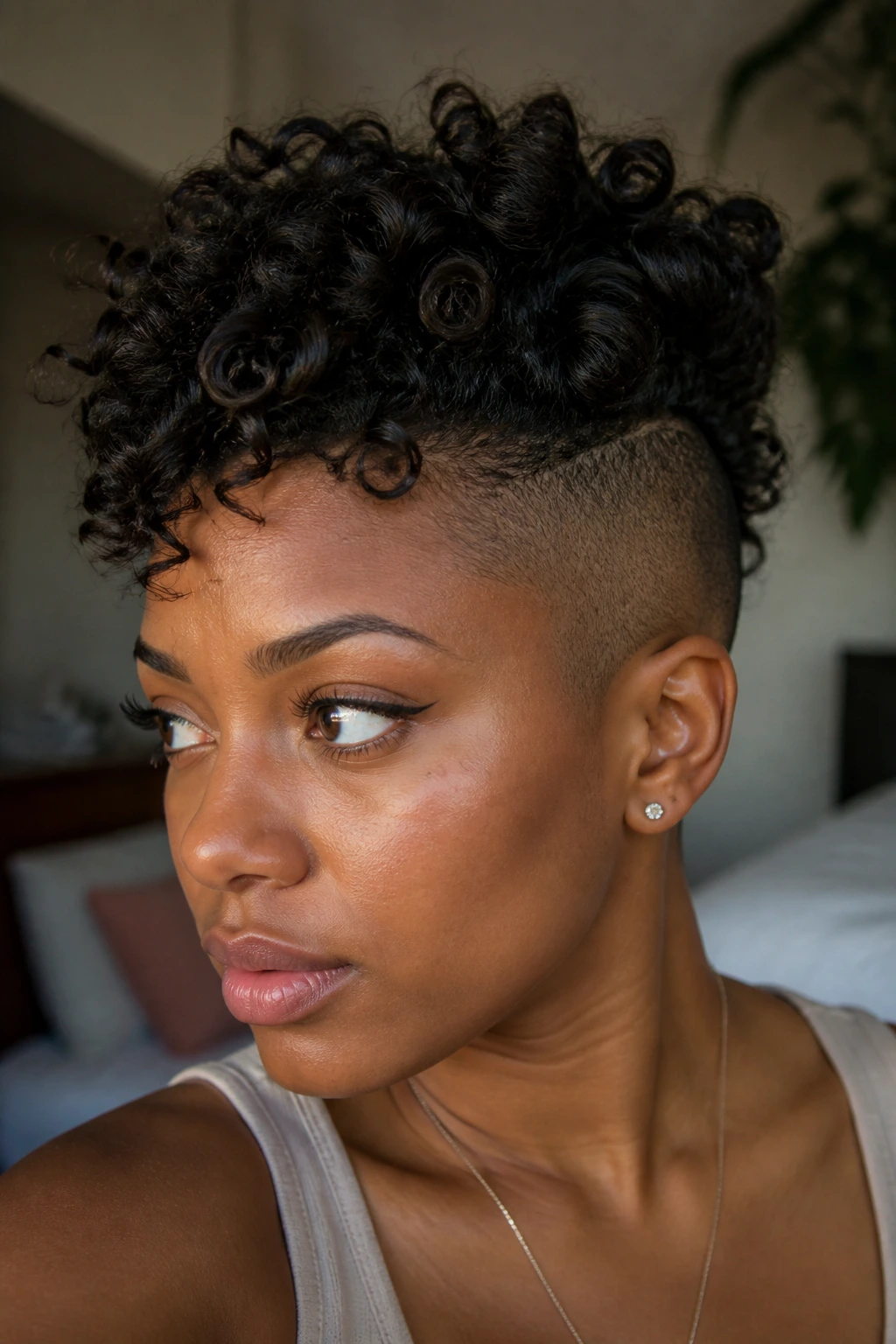 Close-up of a real woman with pinned curls and shaved sides in a soft-lit bedroom