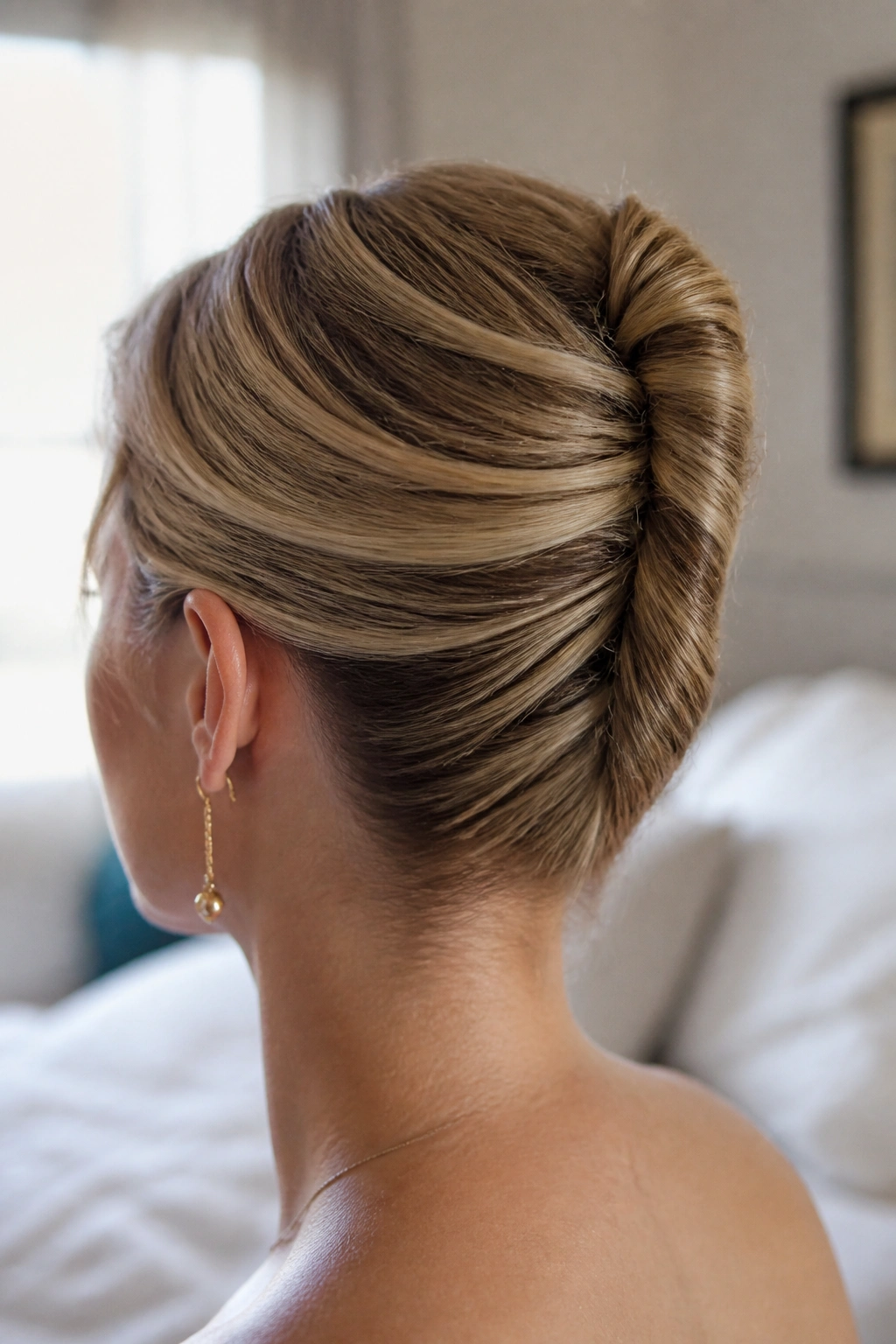 Close-up of a real woman with a pinned French roll for fine hair, crown lift