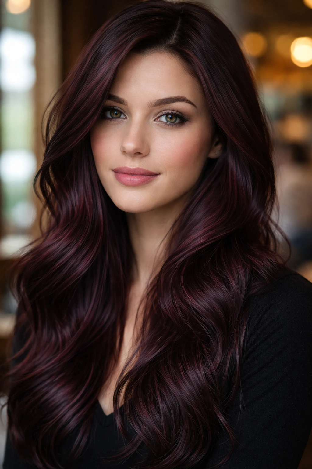 Close-up portrait of a real woman with Pinot Noir Brunette hair color featuring red-violet gloss.