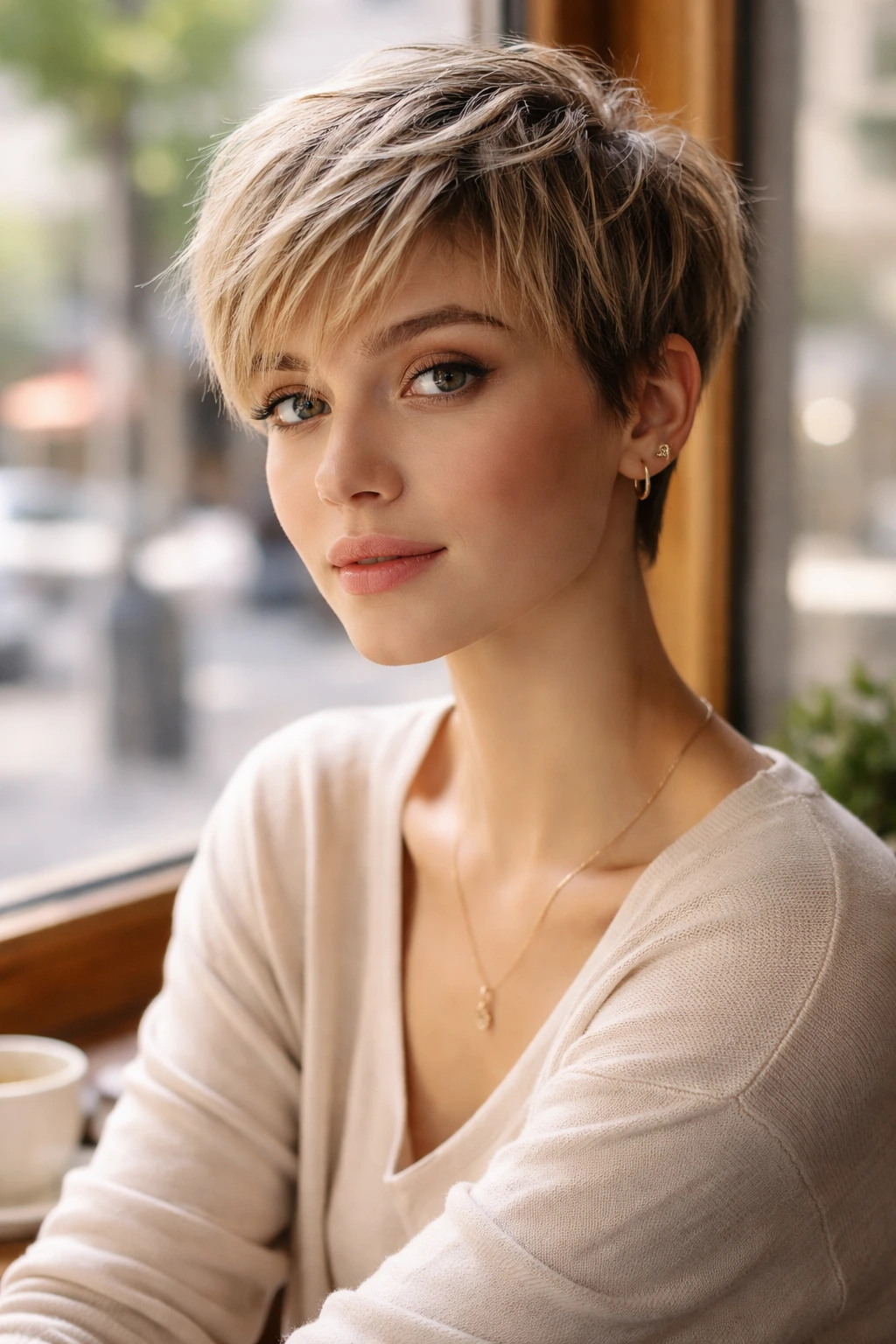 Close-up portrait of a real woman with French Pixie with Airy Texture and soft fringe