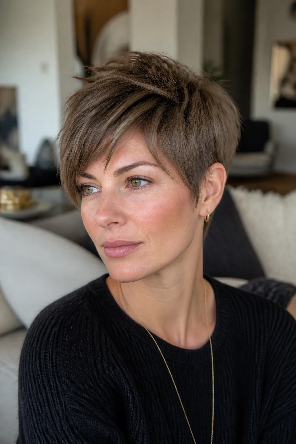 Close-up of a real woman with an ash brown choppy pixie in a modern living room.