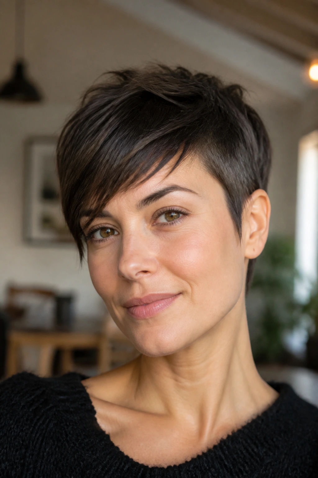 Portrait of a woman with a pixie cut and asymmetrical bangs across the forehead.