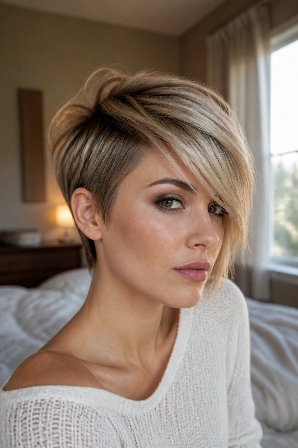 Close-up of a real woman with an asymmetrical pixie and long side fringe.