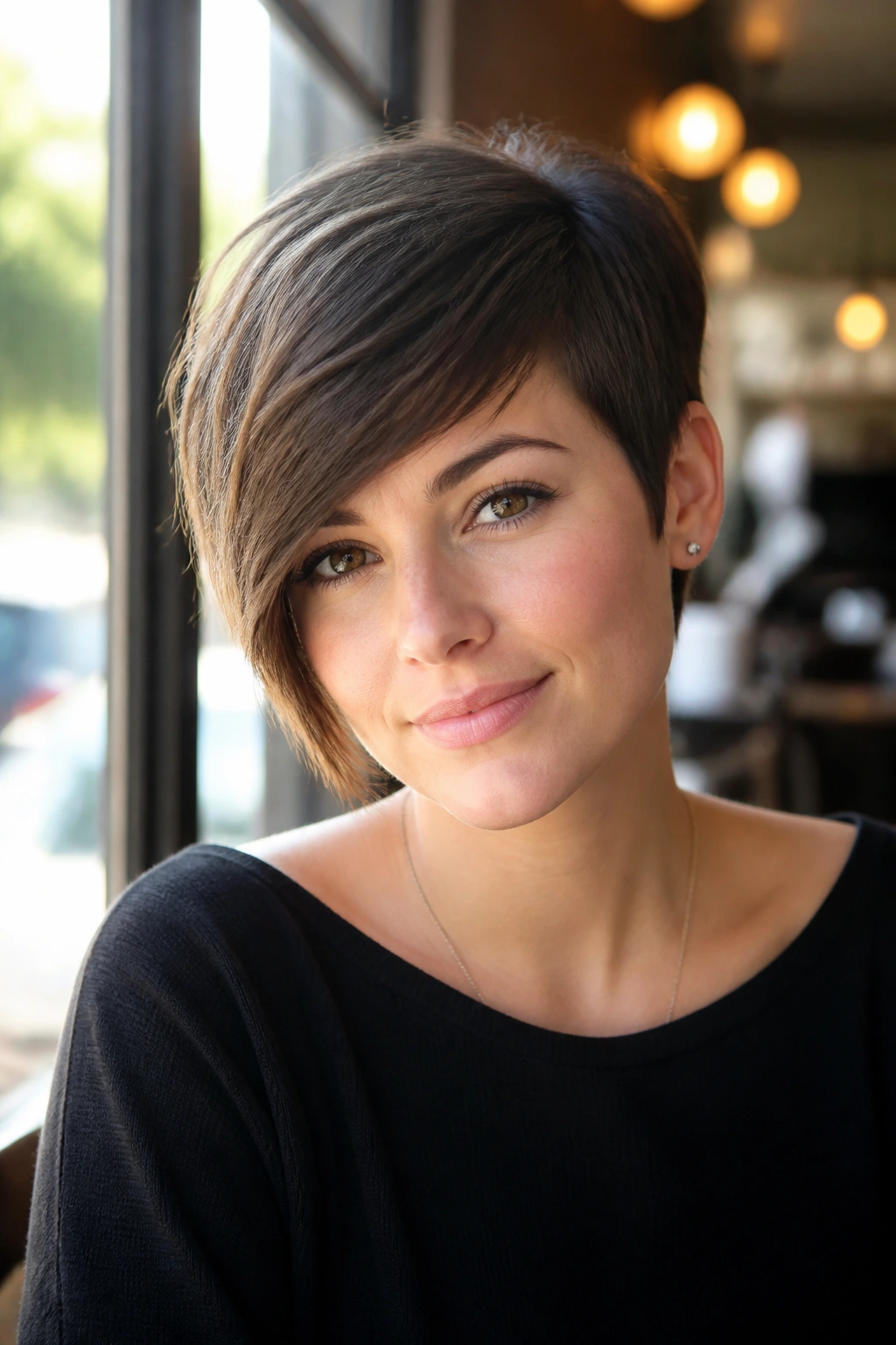 Real person with side-swept pixie bangs and long front corner in natural light