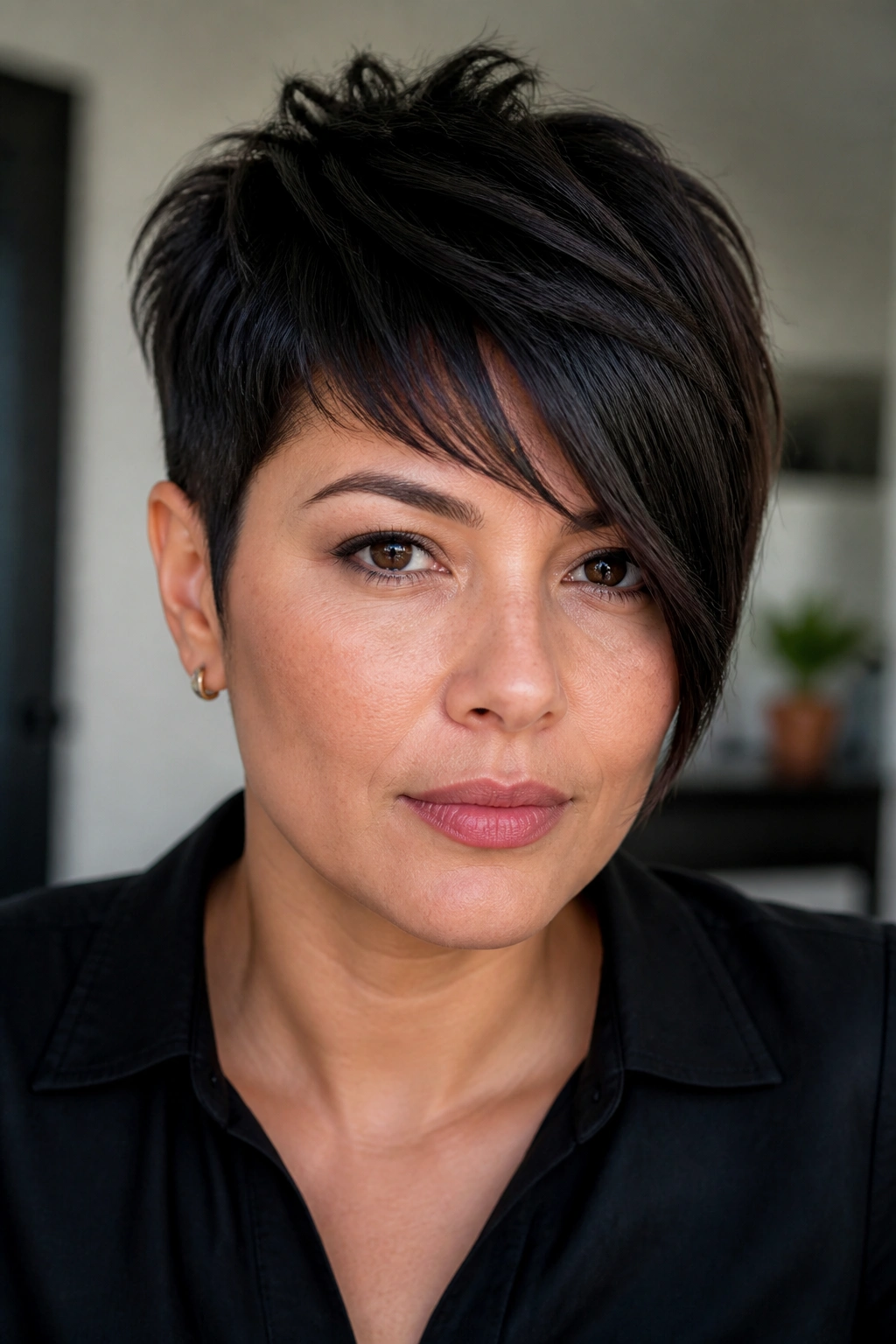 Close-up of a real person with tapered pixie bangs and a longer front fringe, short sides and open cheeks