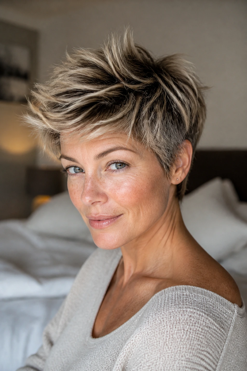 Portrait of real person with tousled bedhead pixie in bedroom lighting