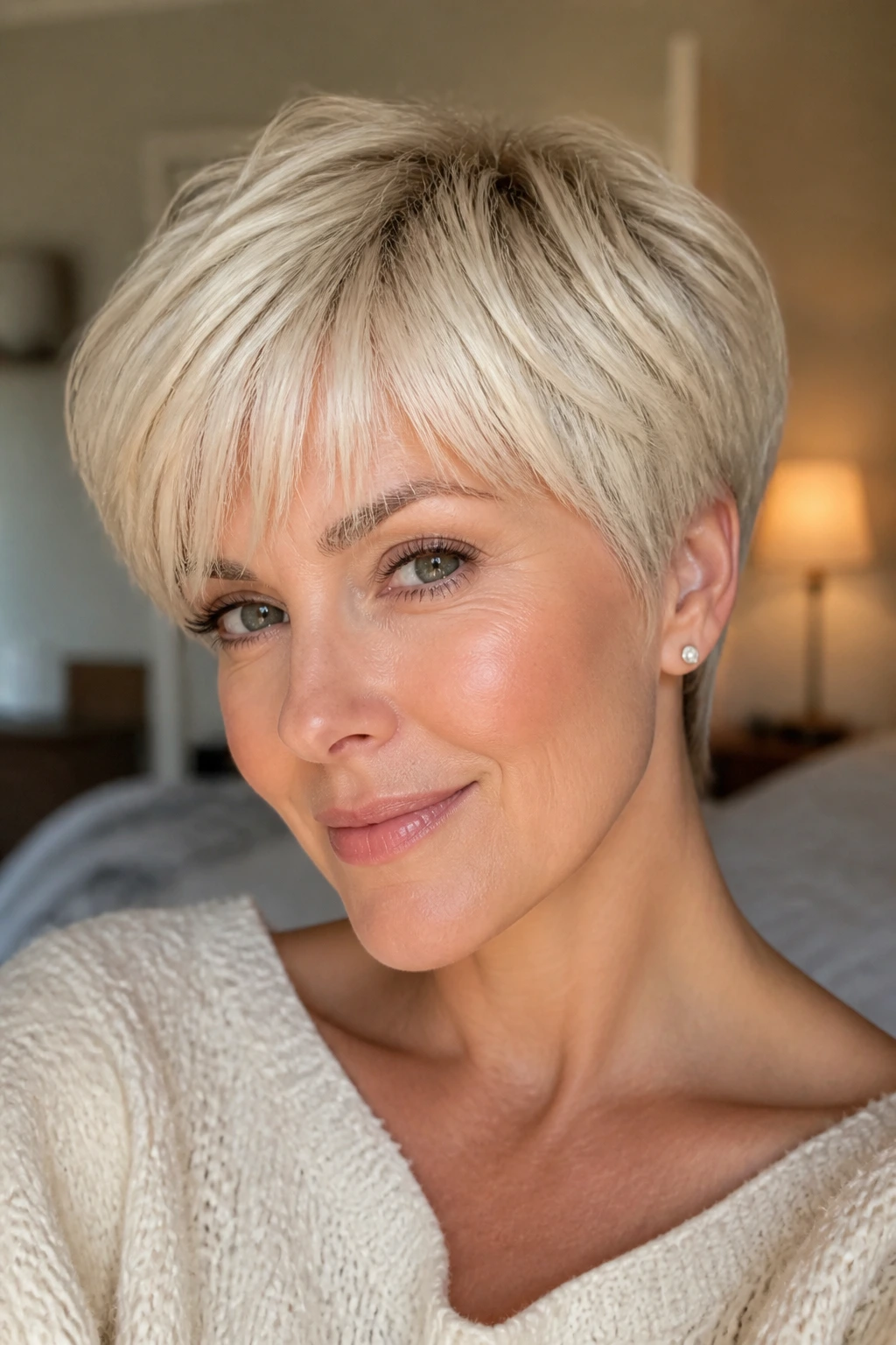 Close-up portrait of a real woman with Soft Mushroom Pixie in Vanilla Blonde hairstyle.