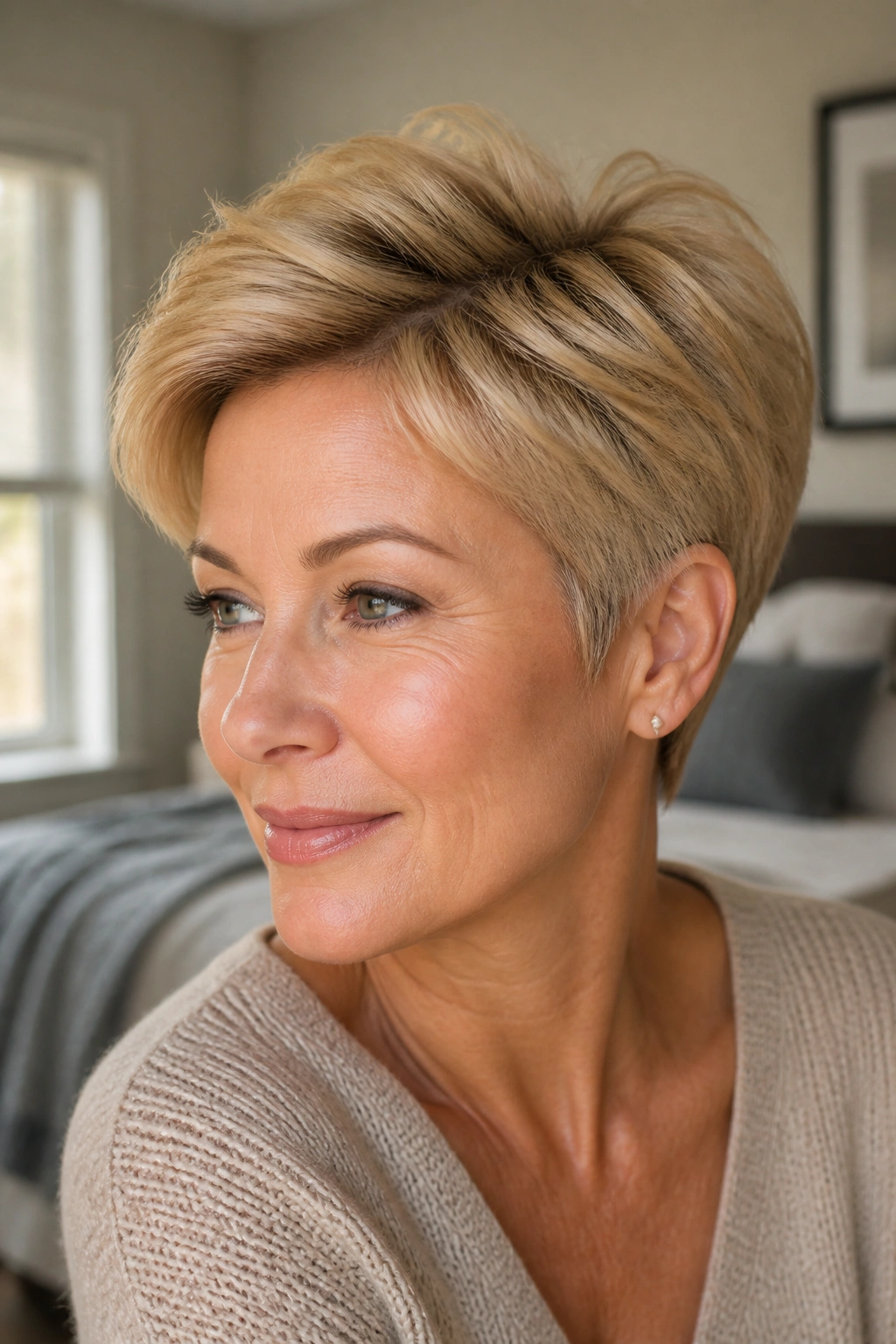 Close-up of a real woman with warm honey blonde pixie and soft volume