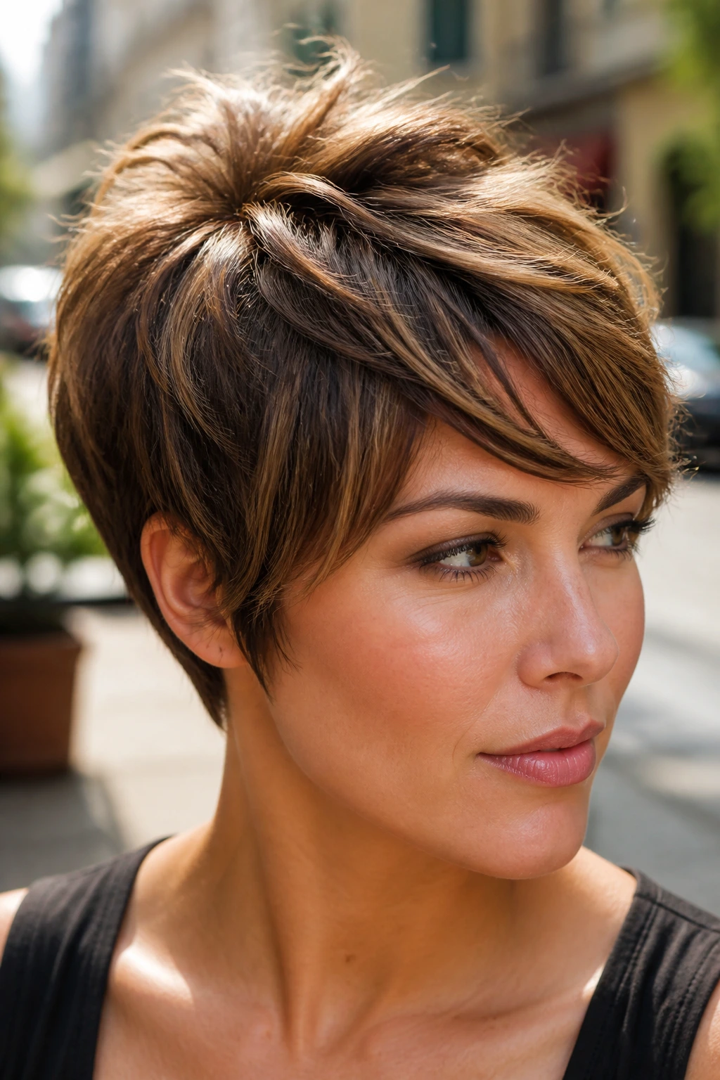 Portrait of a real woman with a textured pixie bob and caramel lift at the crown