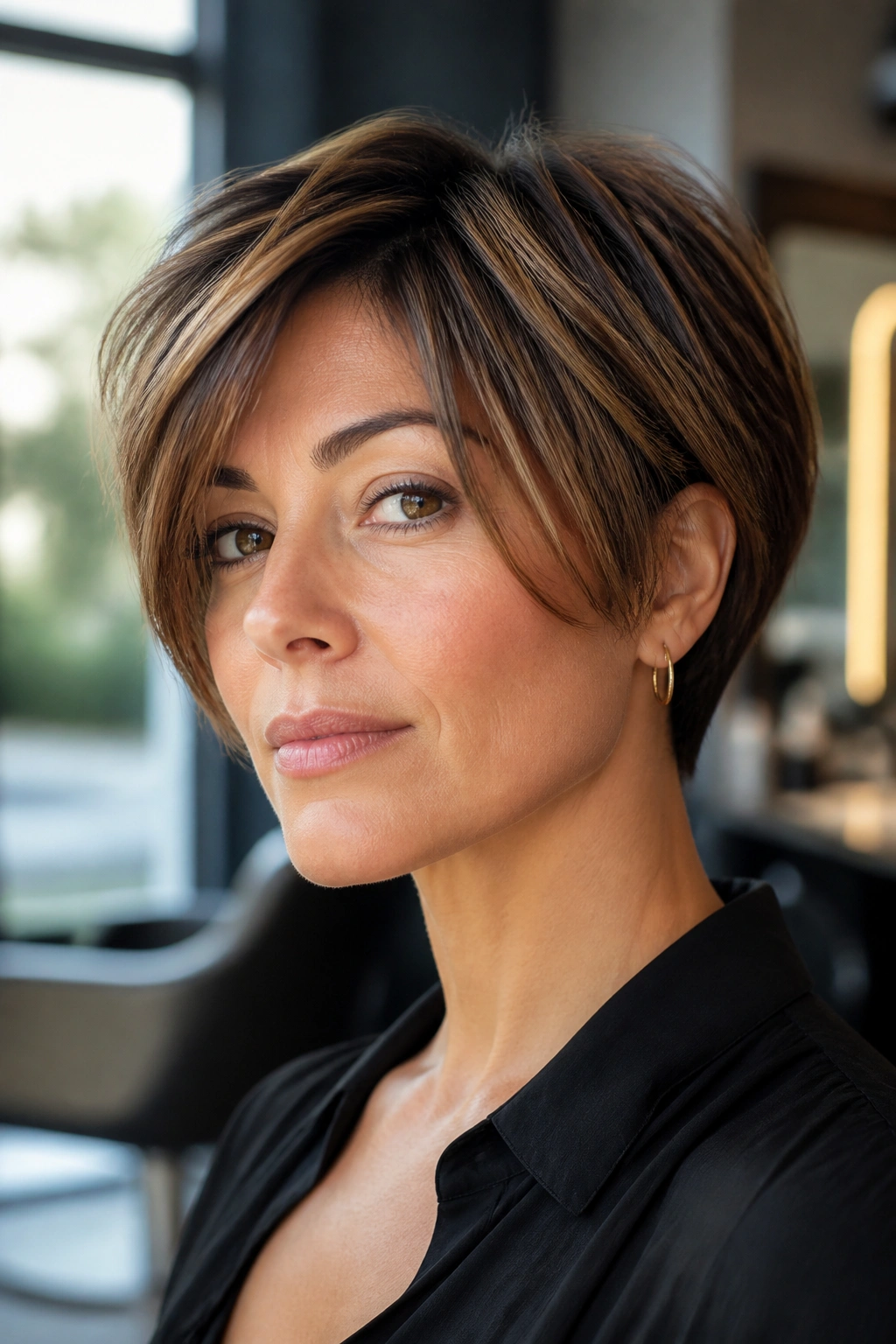 Close-up of a pixie bob hairstyle with cheekbone-grazing front on a real person.