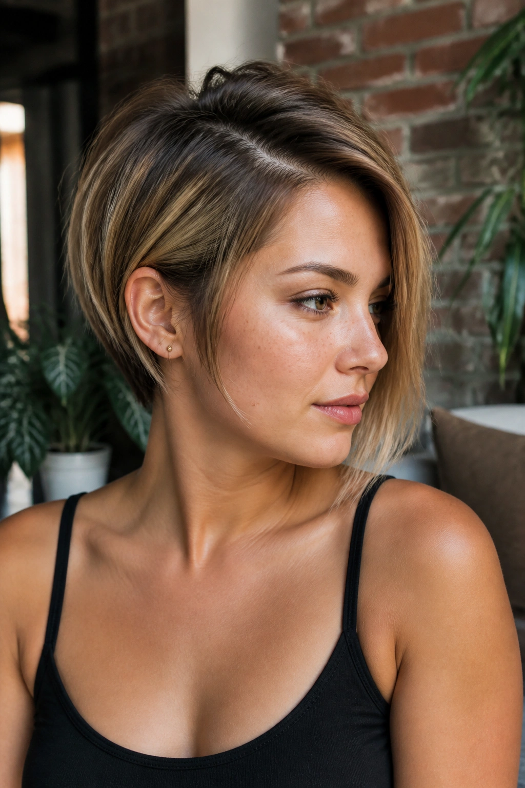 Close-up of a real person wearing a pixie bob with a crooked part