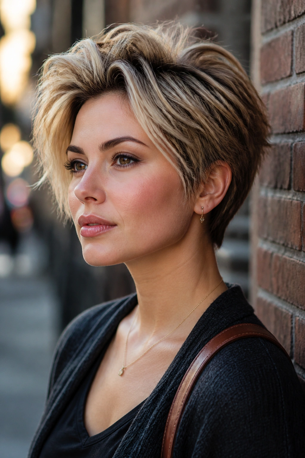 Close-up of a real person with a textured pixie-bob and crown lift against an urban brick backdrop
