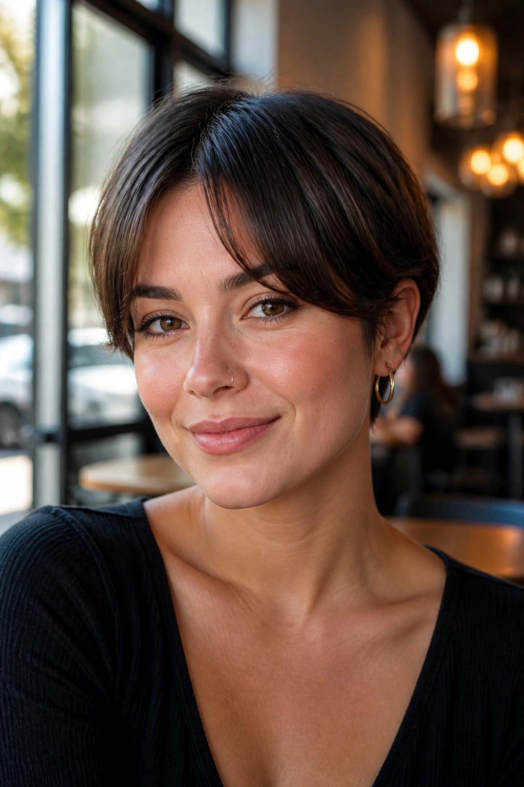 Portrait of a person with pixie bob and short curtain bangs