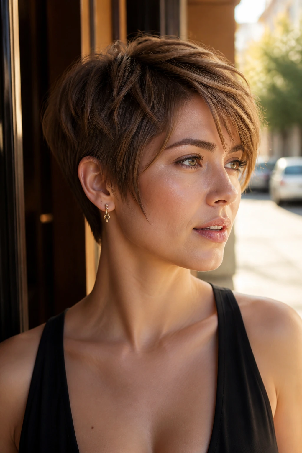 Real woman with soft disconnected pixie-bob in doorway lighting