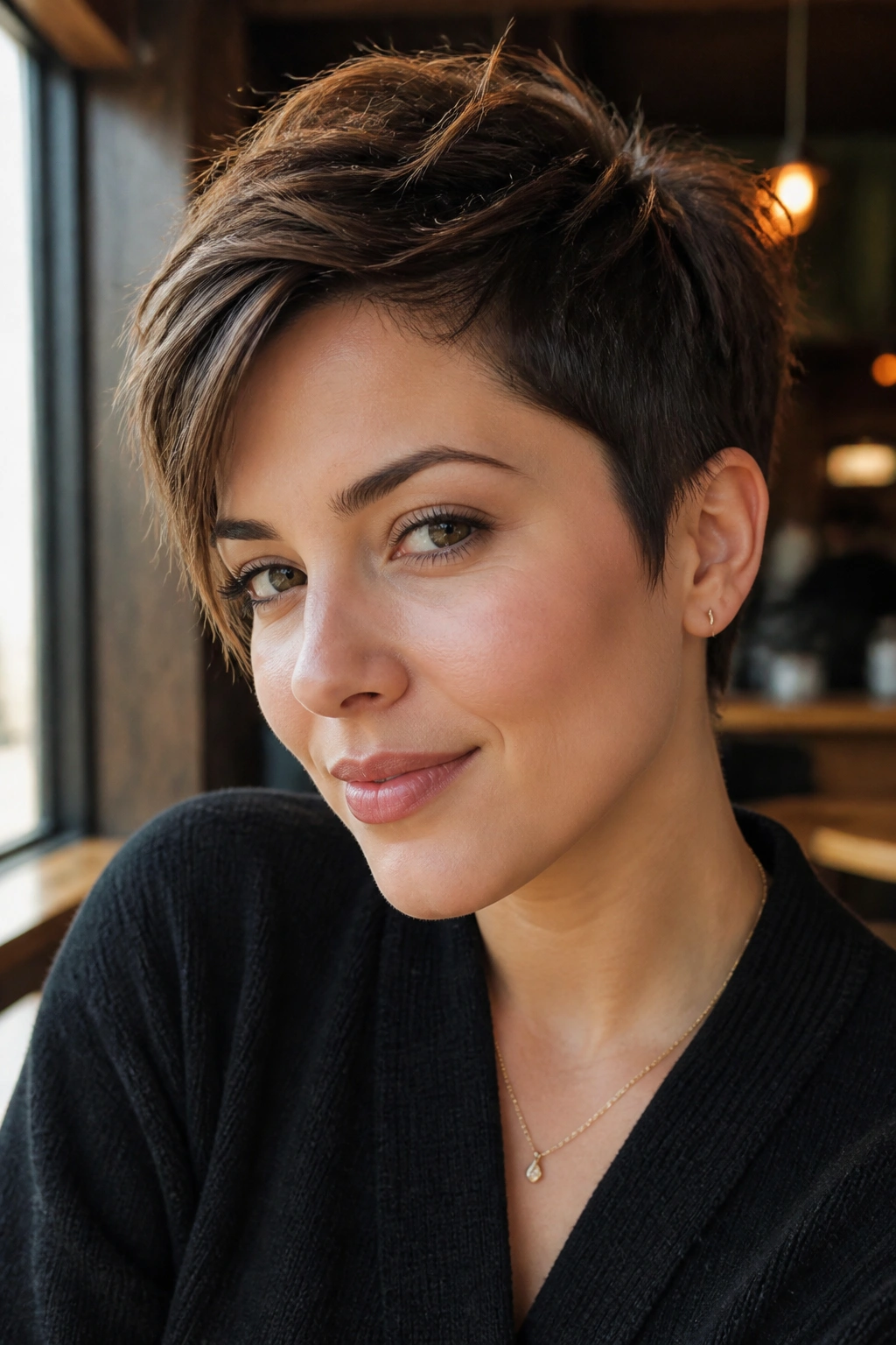 Close-up portrait of a real woman with a disconnected pixie-bob hairstyle in a warm cafe setting