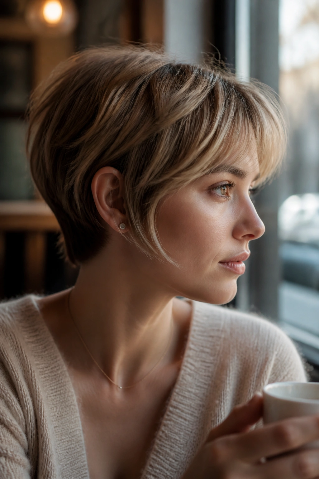 Portrait of a real person with ear-grazing pixie-bob hairstyle
