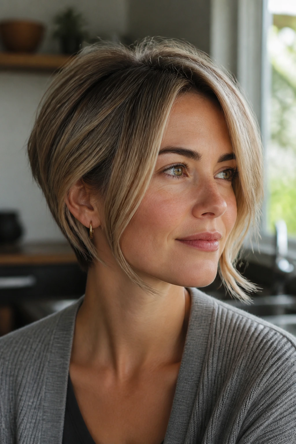 Portrait of woman with grown-out pixie bob and face-framing pieces