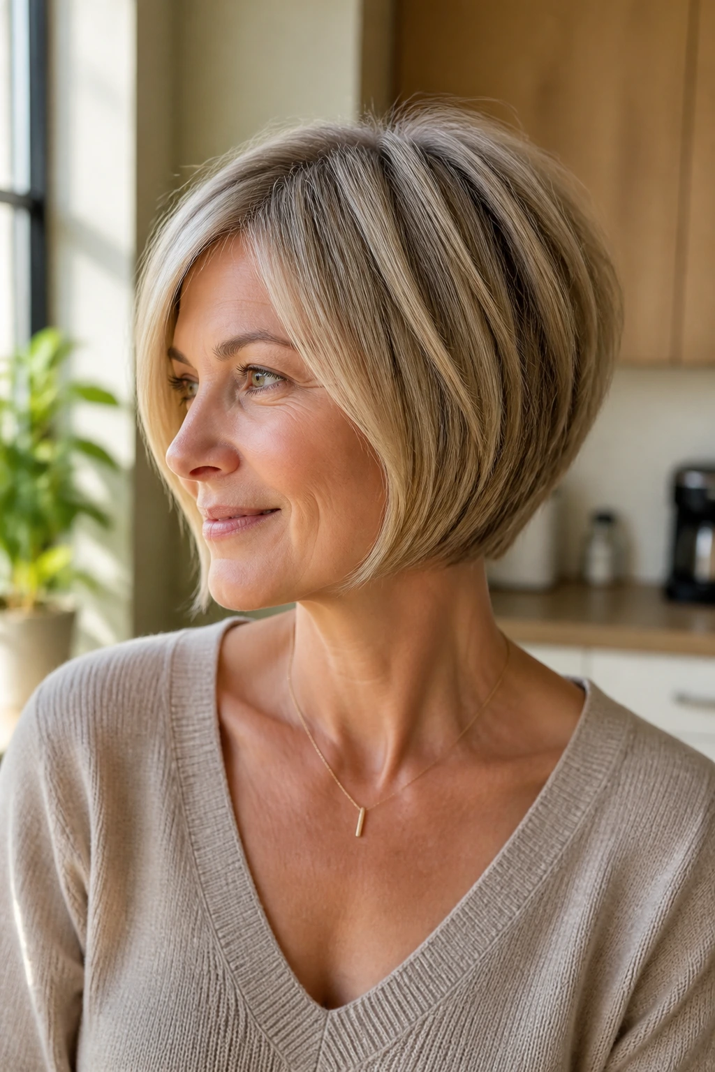 Real woman wearing a pixie bob with weight at ends and cheek-skimming front
