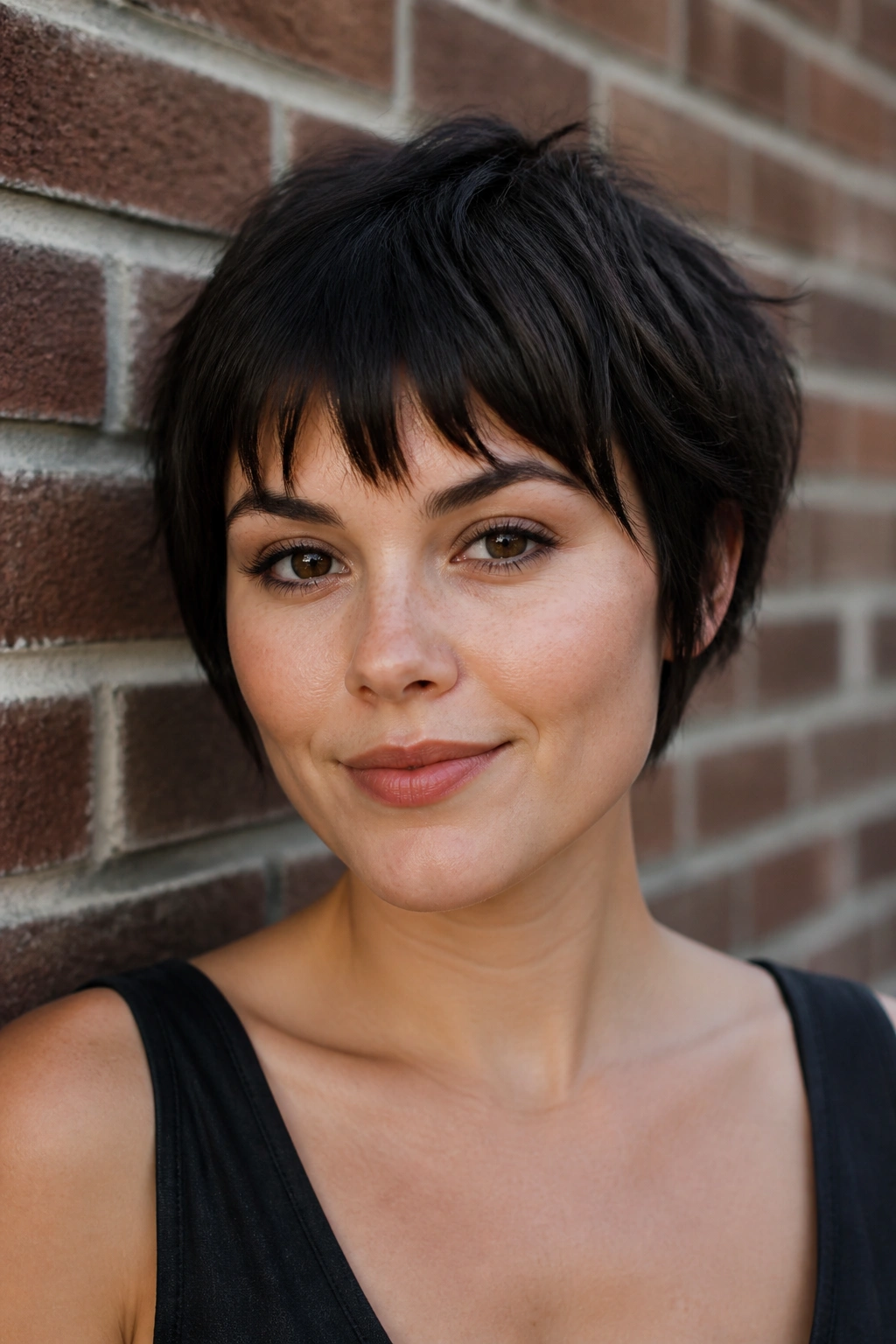 Portrait of a person with choppy fringe and pixie bob against brick wall