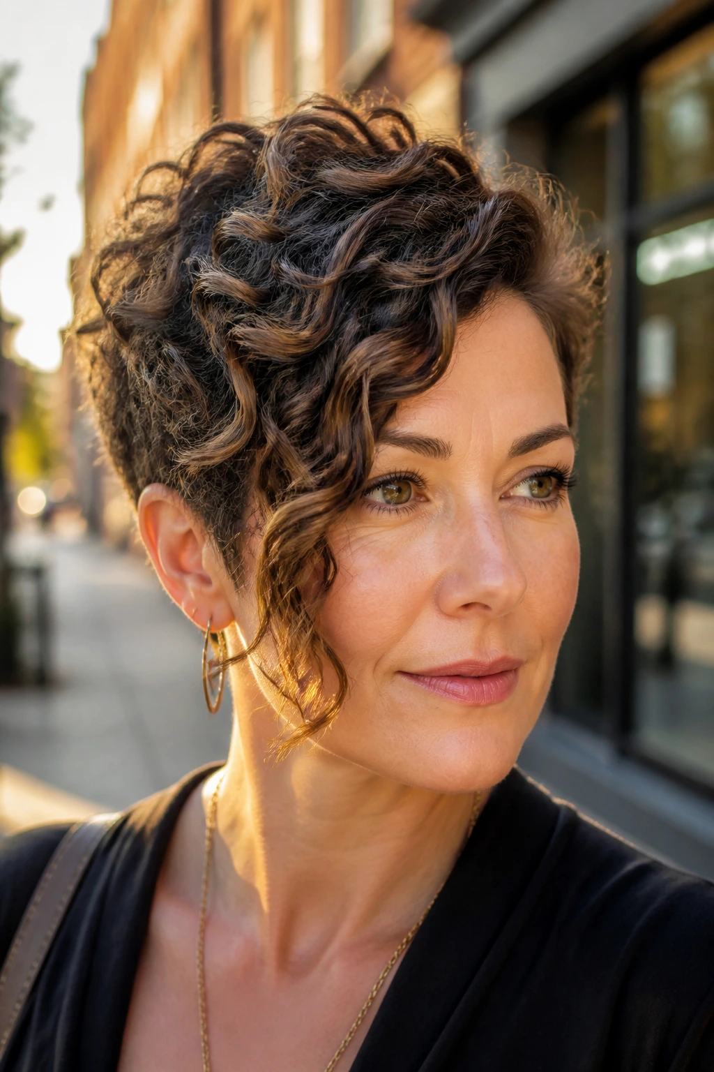 Portrait of a woman with pixie bob and long front corner.