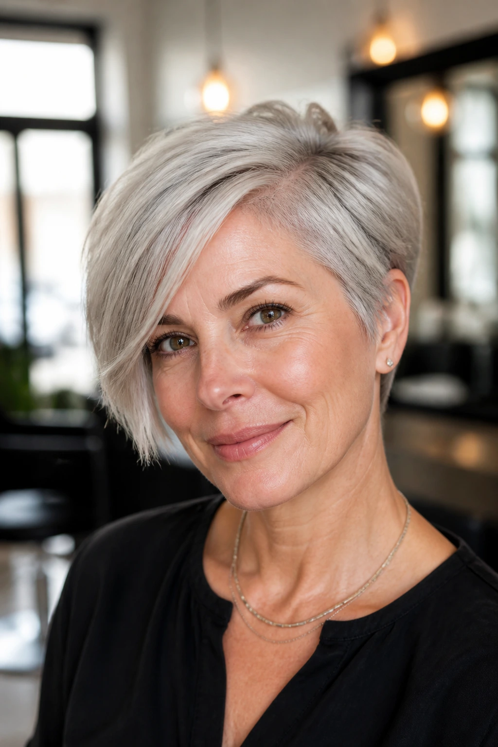 Close-up portrait of a real woman with a side-parted pixie bob in grey hair, in a softly lit salon.