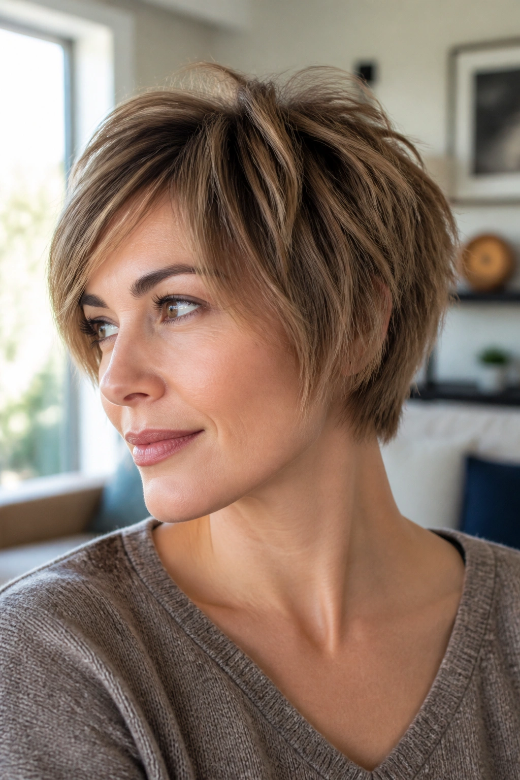 Close-up of a real woman with pixie-bob hybrid and choppy ends