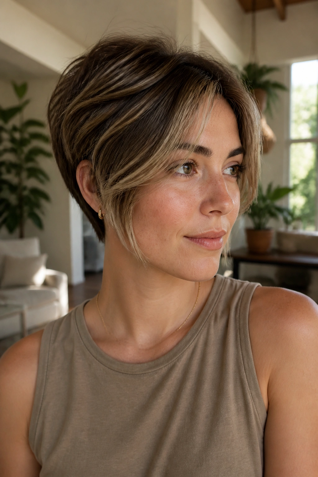 Close-up portrait of a real person with front-framing pieces on a pixie bob hybrid