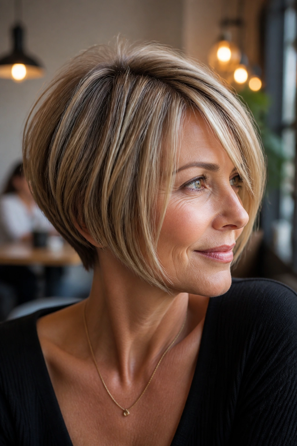 Profile portrait of a person with pixie bob hybrid and longer front pieces