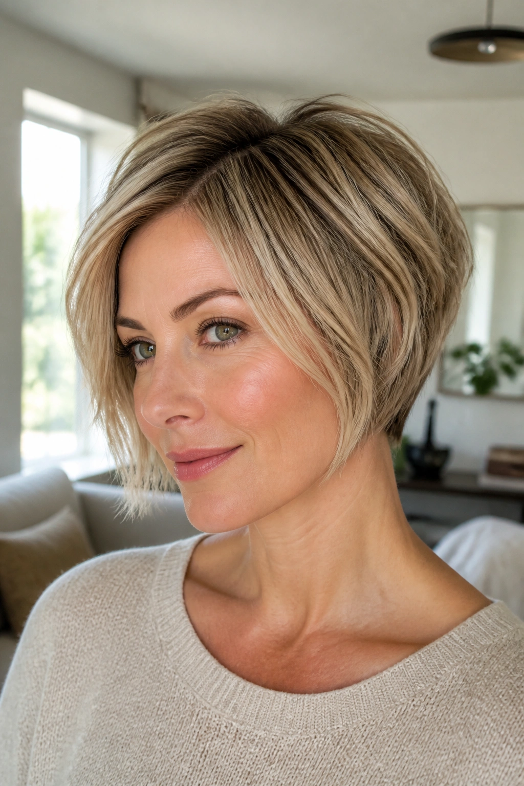 Close-up of a real woman with pixie bob hybrid in sandy oat blonde, natural light