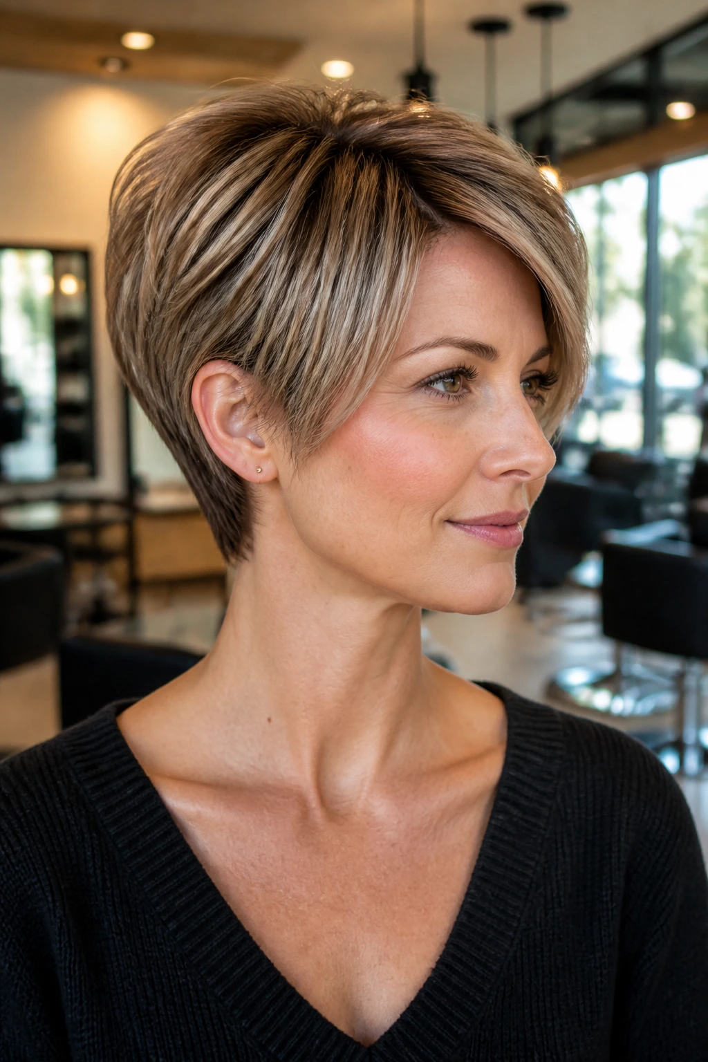 Close-up portrait of a real woman with pixie bob hybrid for fine hair in a warm salon setting