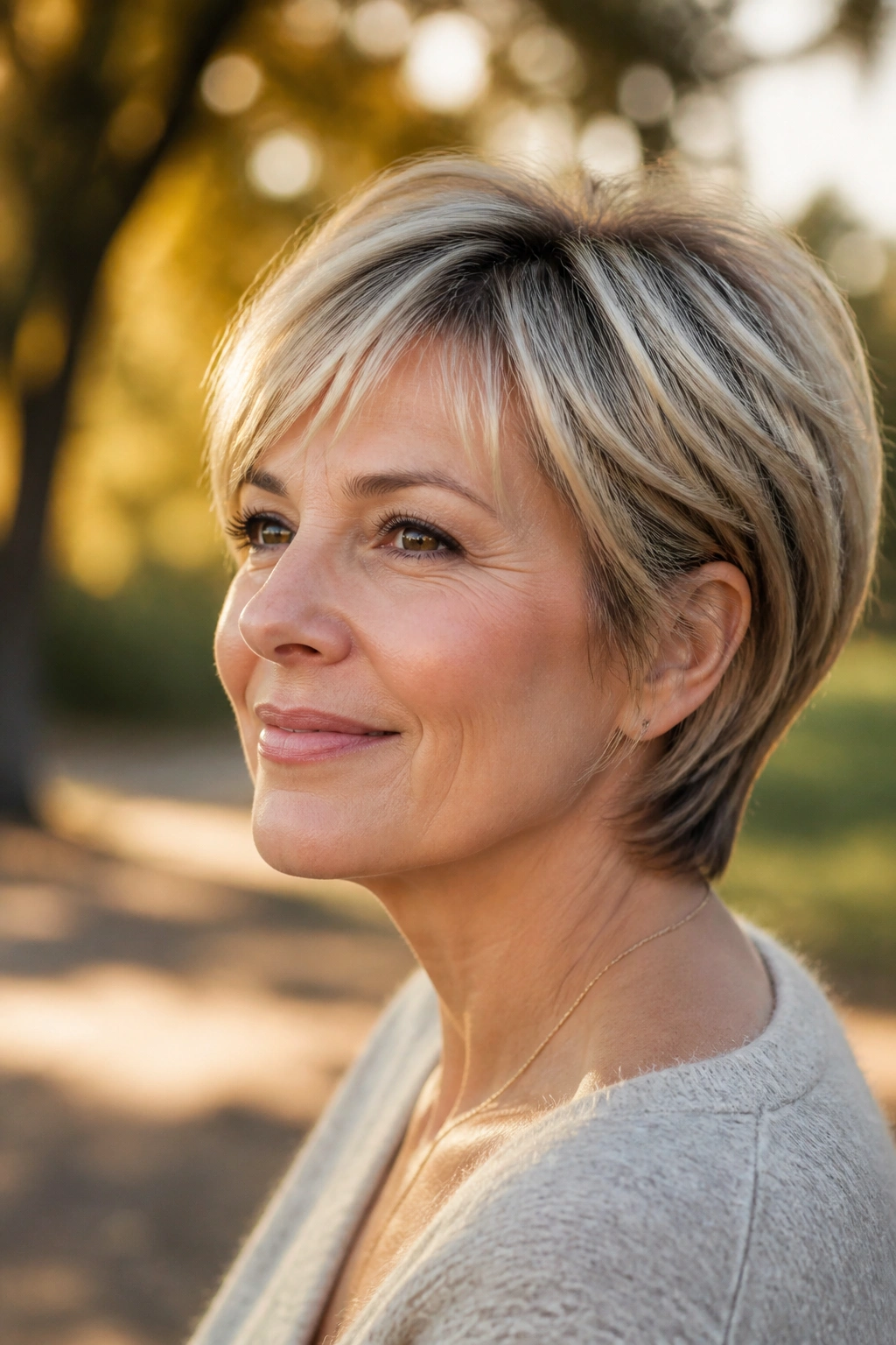 Close-up portrait of a real woman with a feathered pixie bob hybrid.