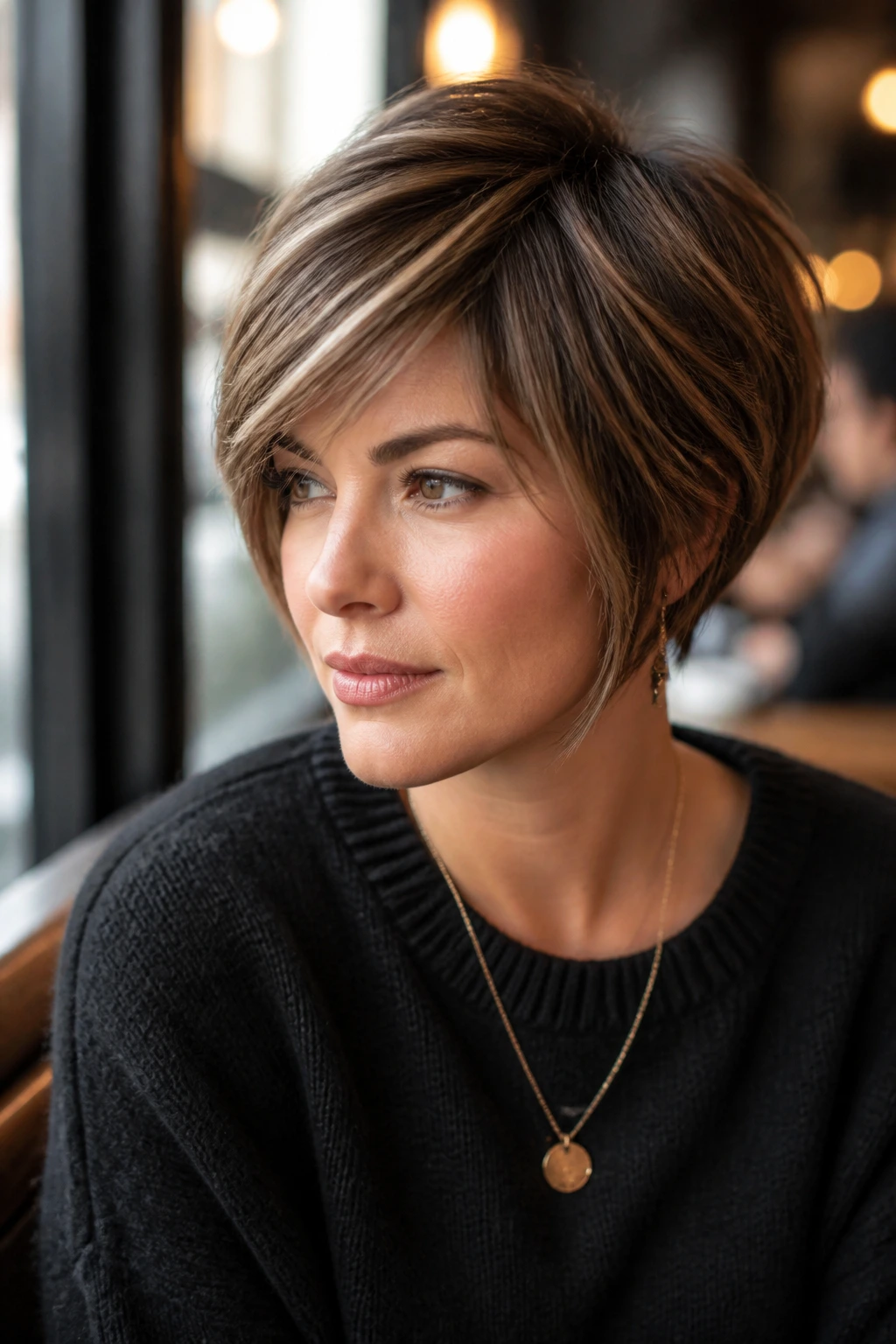 Close-up portrait of a real woman with pixie bob hybrid and jaw-skimming length