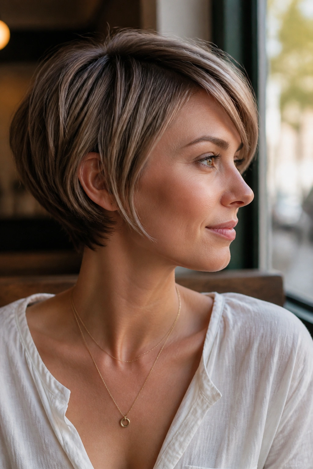 Close-up portrait of woman with pixie bob hybrid