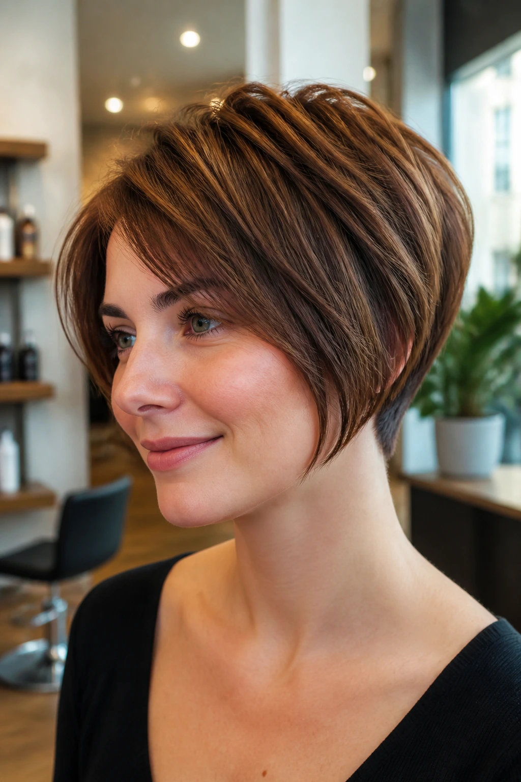 Portrait of a real woman with a rounded bob-pixie hybrid showing jaw-length front and cropped nape.