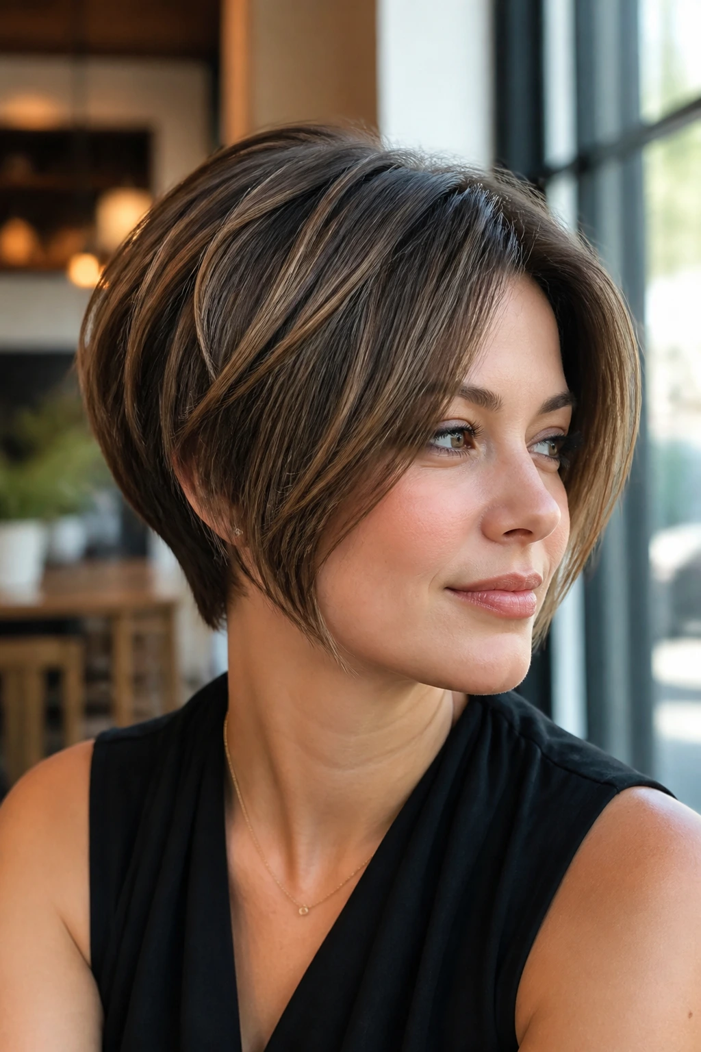 Close-up portrait of a woman with Pixie Bob Hybrid with a Short Nape hairstyle in cafe light