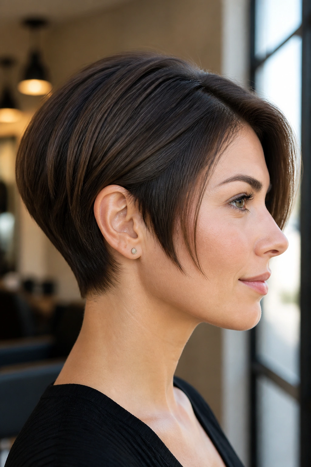 Close-up portrait of a real woman with Sleek Long Pixie Bob Hybrid hairstyle.