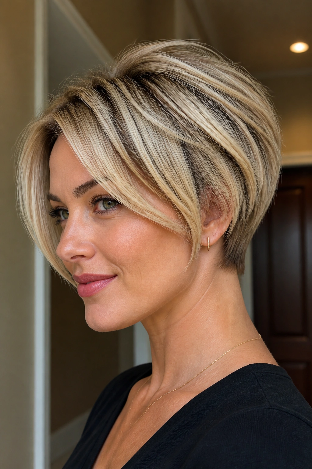 Close-up portrait of a real woman with pixie-bob hybrid stack hairstyle